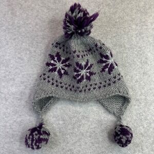 Joe Fresh Kids Knit Trapper Hat Grey Purple Snowflake Pom Pom Ear Flap L XL